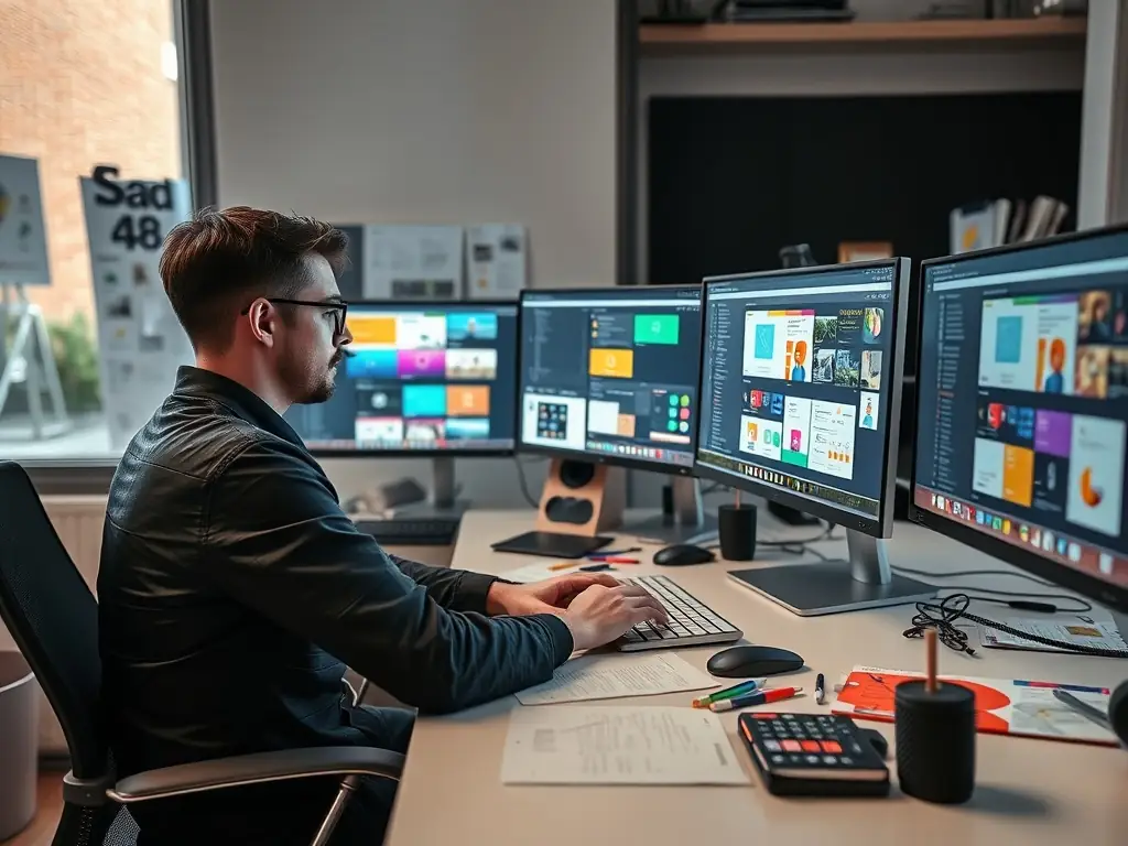 A designer working on a UI/UX project, focusing on user interface elements and user experience flows on a digital screen.