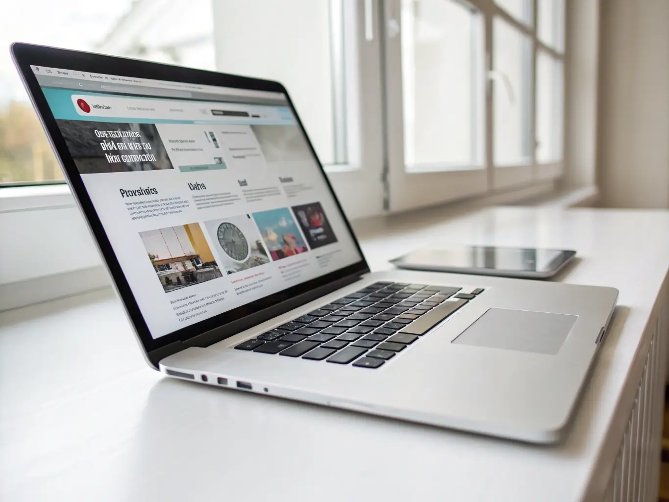 A clean, modern website design showcasing responsive web development, with a laptop displaying a well-structured and visually appealing webpage.